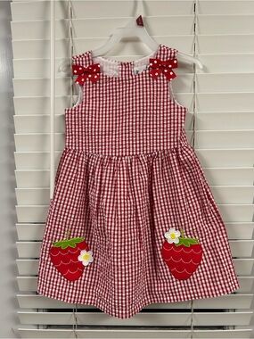 Girls Red Gingham Strawberry Appliqué Dress